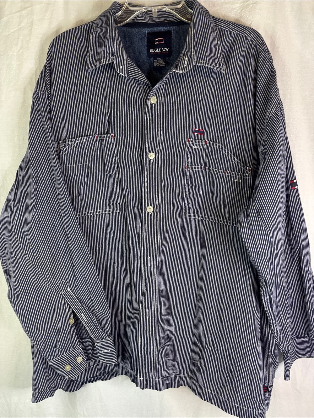 Vintage Bugle Boy Navy & White Pinstripe Utility Vibe Work Shirt 2xl
